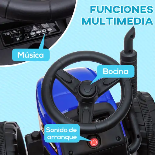 Tractor Eléctrico con Remolque para Niños 3-6 Años 136,5x50x52,5 cm Azul HOMCOM