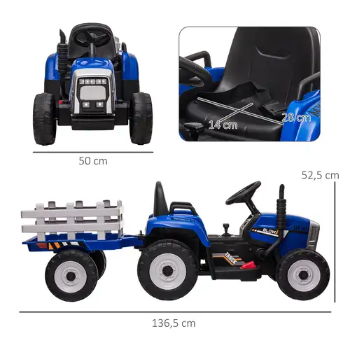 Tractor Eléctrico con Remolque para Niños 3-6 Años 136,5x50x52,5 cm Azul HOMCOM