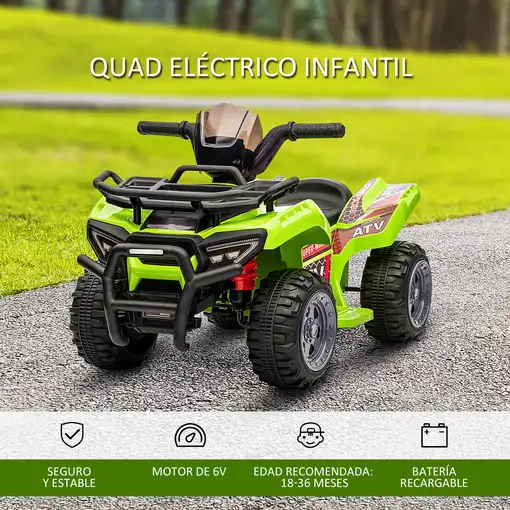 Quad Eléctrico 6V para Niños +18 Meses 70x42x45 cm Verde HOMCOM
