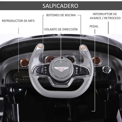 Bentley GT Coche Eléctrico Niños+3 años 2 Modos Control Música Faros 30kg HOMCOM