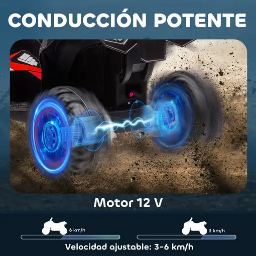 Quad Eléctrico para Niños 3-5 Años 12V con 2 Motores Faros Bocina Rojo HOMCOM