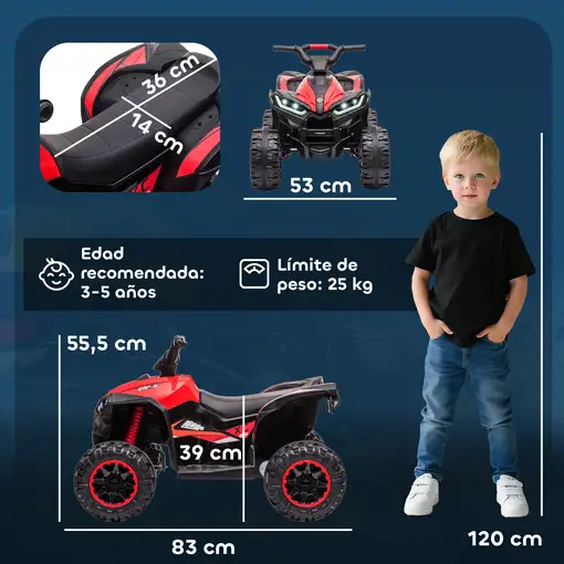 Quad Eléctrico para Niños 3-5 Años 12V con 2 Motores Faros Bocina Rojo HOMCOM