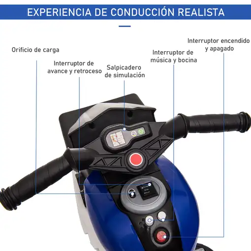 Moto Eléctrica +3 Años con 3 Ruedas Luces Música 3 km/h 86x42x52cm HOMCOM