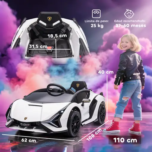 Coche Eléctrico Blanco 12V +3 Años Lamborghini SIAN con Mando a Distancia HOMCOM