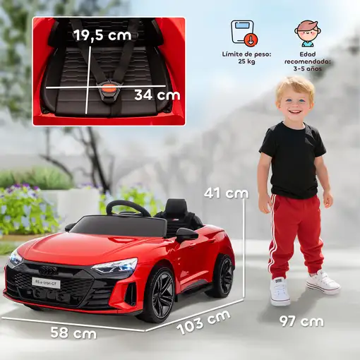 Coche Eléctrico para Niños +3 Años AUDI RS e-tron GT 103x58x41 cm Rojo HOMCOM