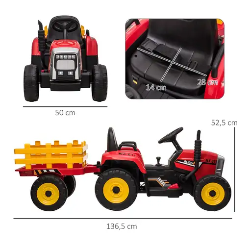 Tractor Eléctrico con Remolque para Niños 3-6 Años 136,5x50x52,5 cm Rojo HOMCOM