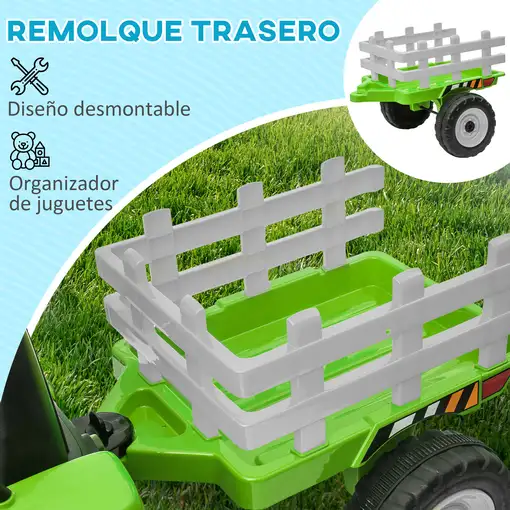 Tractor Eléctrico con Remolque para Niños 3-6 Años 136,5x50x52,5 cm Verde HOMCOM