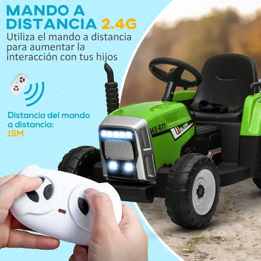 Tractor Eléctrico con Remolque para Niños 3-6 Años 136,5x50x52,5 cm Verde HOMCOM