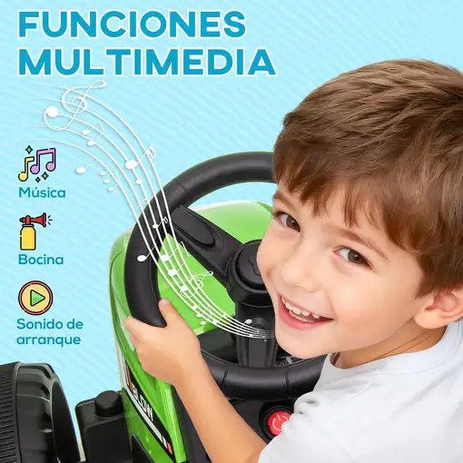 Tractor Eléctrico con Remolque para Niños 3-6 Años 136,5x50x52,5 cm Verde HOMCOM
