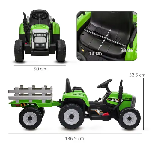 Tractor Eléctrico con Remolque para Niños 3-6 Años 136,5x50x52,5 cm Verde HOMCOM