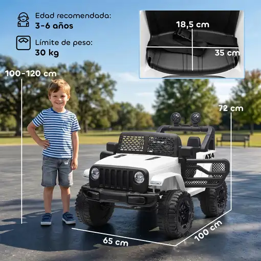 Coche Eléctrico para Niños +3 Años con Control Remoto 100x65x72 cm Blanco HOMCOM