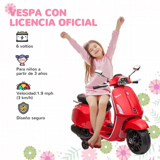 Moto Eléctrica para Niños de +3 Años con Licencia Vespa Rojo AIYAPLAY