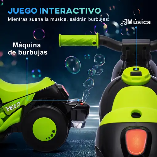 Moto Eléctrica Infantil 6V con Burbujas, Música y Luces 30 kg Verde AIYAPLAY