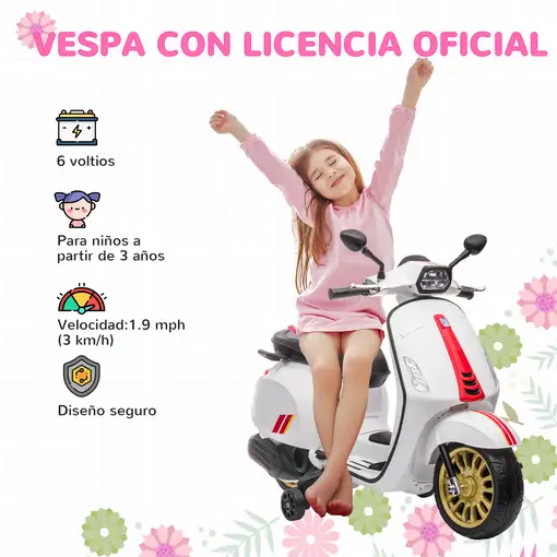 Moto Eléctrica para Niños de +3 Años con Licencia Vespa Blanco AIYAPLAY