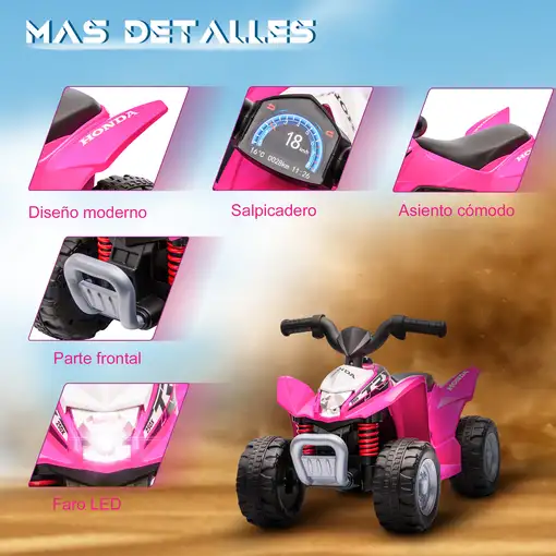 Quad Eléctrico 6V para Niños 18-36 Meses Faros 65,5x38,5x43,5 cm Rosa AIYAPLAY
