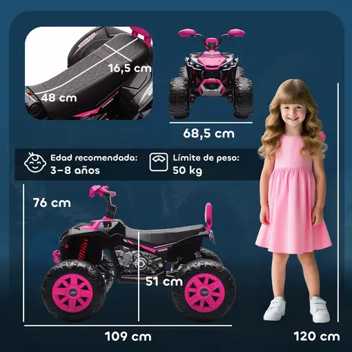 Quad Eléctrico para Niños de 3-8 Años 24V con 2 Motores Rosa AIYAPLAY