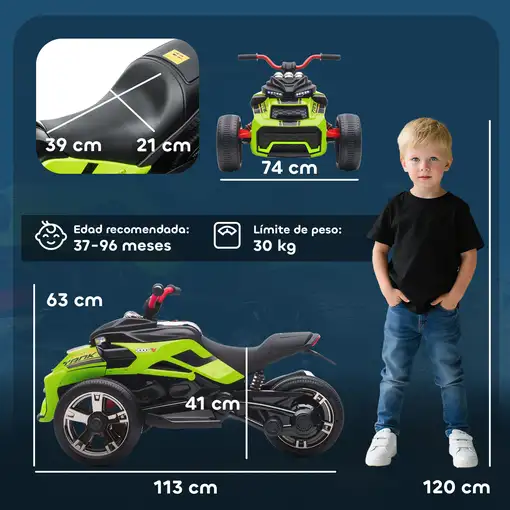 Quad Eléctrico Infantil 12V con 2 Motores Velocidad hasta 5 km/h Verde AIYAPLAY