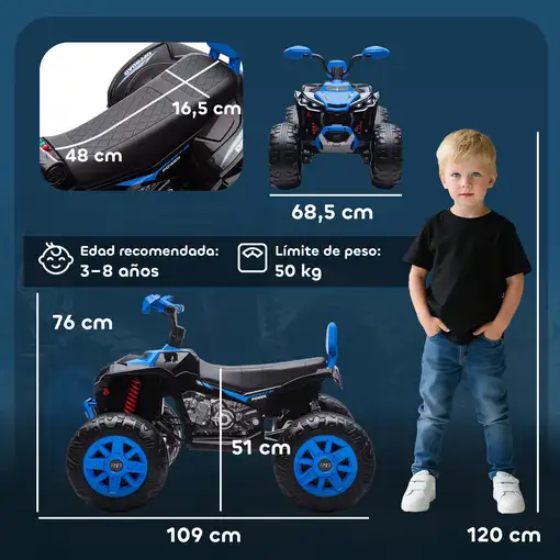 Quad Eléctrico para Niños de 3-8 Años 24V con 2 Motores Azul AIYAPLAY