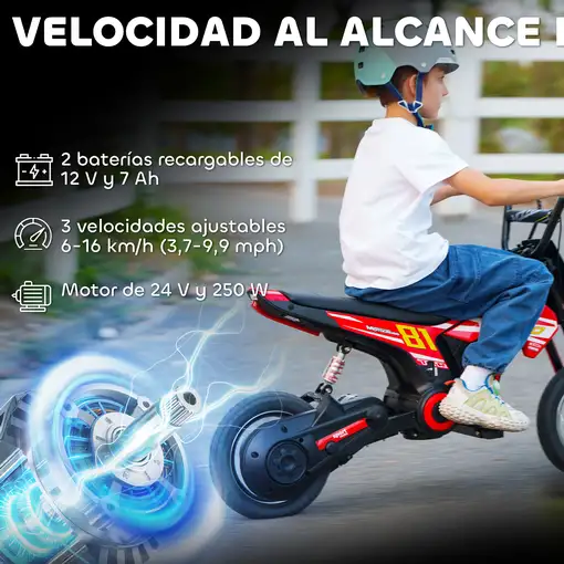 Moto Eléctrica para Niños 24V Motor 250W Velocidad de 6-16km/h Rojo AIYAPLAY
