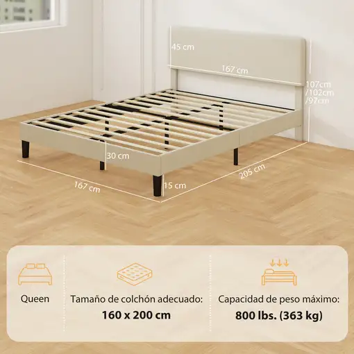 Somier 160x200 cm con Cabecero Ajustable Gris Claro HOMCOM