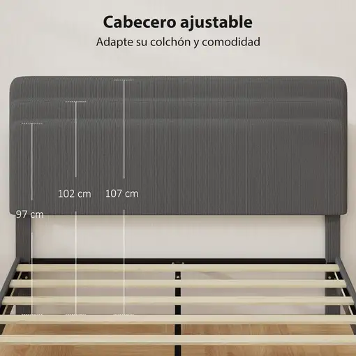 Somier 160x200 cm con Cabecero Ajustable Gris Oscuro HOMCOM