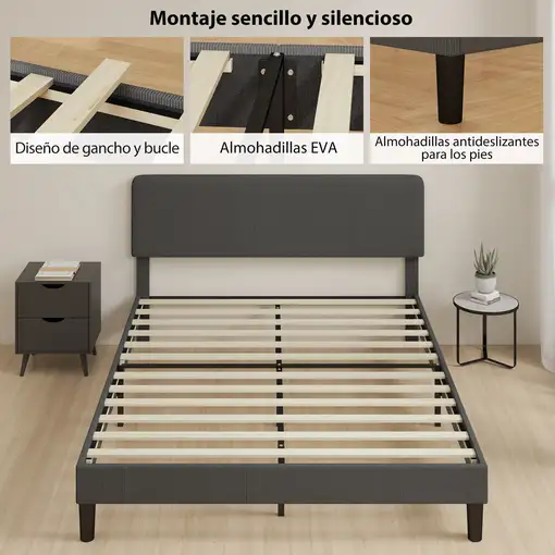 Somier 160x200 cm con Cabecero Ajustable Gris Oscuro HOMCOM