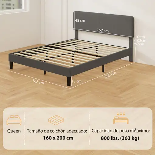 Somier 160x200 cm con Cabecero Ajustable Gris Oscuro HOMCOM