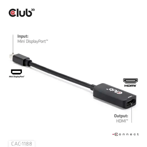 CLUB3D CAC-1188 adaptador de cable de vídeo 0,09 m Mini DisplayPort HDMI Negro