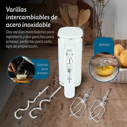 Batidora amasadora blanca 250 W, 5 velocidades, con accesorios, AM-25G GRUNKEL