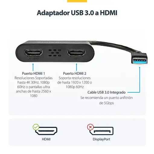 StarTech.com Adaptador USB 3.0 a HDMI Doble - 4K 30Hz