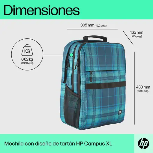 HP Mochila Campus XL con patrón de cuadros de tartán