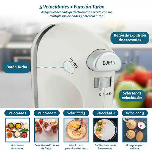 Batidora amasadora blanca, 350 W, 5 velocidades+turbo, AM-350TURBO5 GRUNKEL