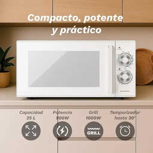 Microondas con grill blanco, 25L, 900 W, MWG-25MG GRUNKEL