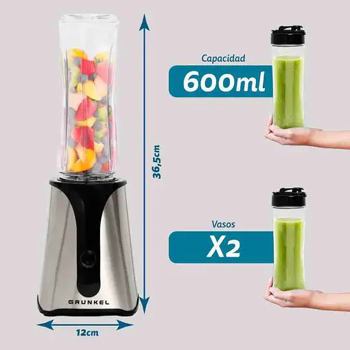 Batidora de vaso personal inox, 450 W, 2 vasos de 600ml, BAT-350SMOOTHSS GRUNKEL