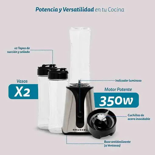Batidora de vaso personal inox, 450 W, 2 vasos de 600ml, BAT-350SMOOTHSS GRUNKEL