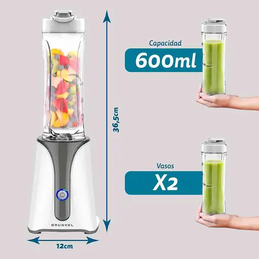 Batidora de vaso personal blanca 450 W, 2 vasos de 600ml, BAT-350SMOOTH GRUNKEL