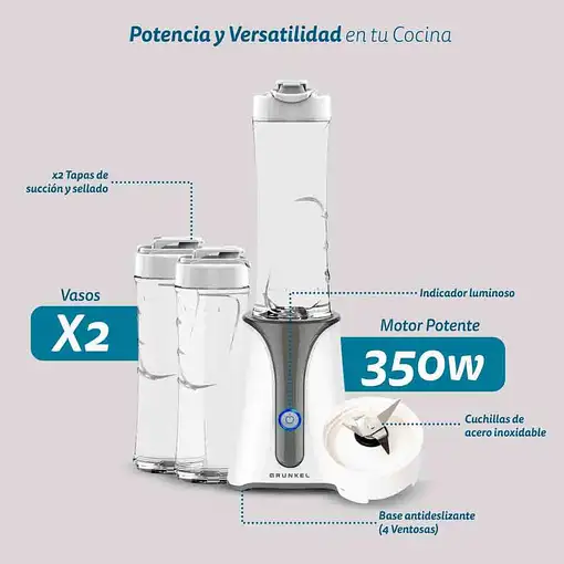 Batidora de vaso personal blanca 450 W, 2 vasos de 600ml, BAT-350SMOOTH GRUNKEL