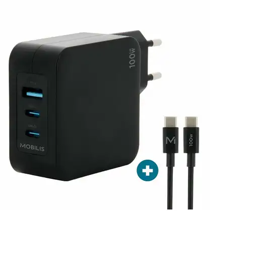 Mobilis Charger 100W 2USB C 1USBA GaN cable 100W Portátil, Smartphone, Tableta