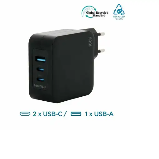 Mobilis Charger 100W 2USB C 1USBA GaN cable 100W Portátil, Smartphone, Tableta