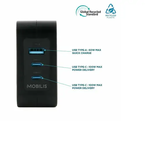 Mobilis Charger 100W 2USB C 1USBA GaN cable 100W Portátil, Smartphone, Tableta
