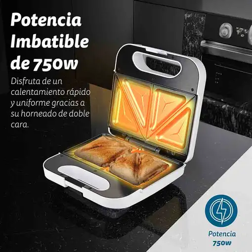 Sandwichera blanca 750 W, corte triangular, SAN-CCBL GRUNKEL
