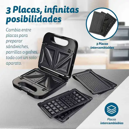 Sandwichera grill 3 placas desmontables, inox, 850 W, SAN-MULTING GRUNKEL