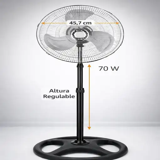 Ventilador de Pie 45.7 cm, 70W, 3 Velocidades, Altura Regulable,Negro