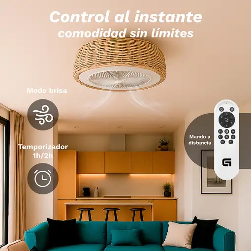 Ventilador de techo mimbre con luz led 15W. SKYWIND-20M GRUNKEL