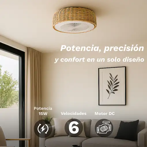 Ventilador de techo mimbre con luz led 15W. SKYWIND-20M GRUNKEL