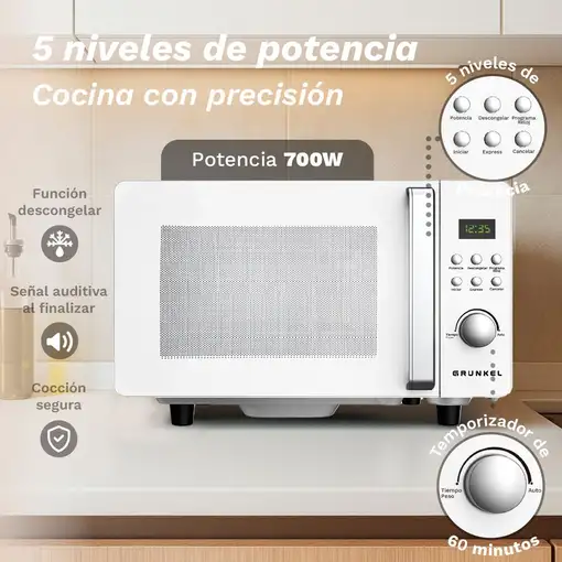 Microondas con grill y sin plato, blanco, 20L, 700 W, MWD-20FLAT GRUNKEL