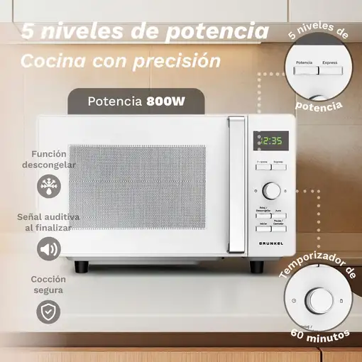 Microondas sin grill y sin plato, blanco, 25L, 800 W, MWD-25FLAT GRUNKEL