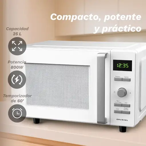 Microondas sin grill y sin plato, blanco, 25L, 800 W, MWD-25FLAT GRUNKEL