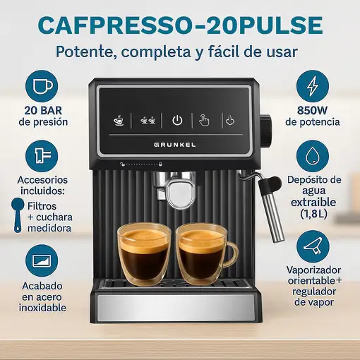 Cafetera espresso 20 bares, 850W, pantalla táctil, CAFPRESSO-20PULSE GRUNKEL