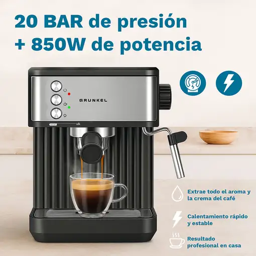 Cafetera Espresso negra e inox, 20 bar, 850W, CAFPRESSO-20AROMA GRUNKEL